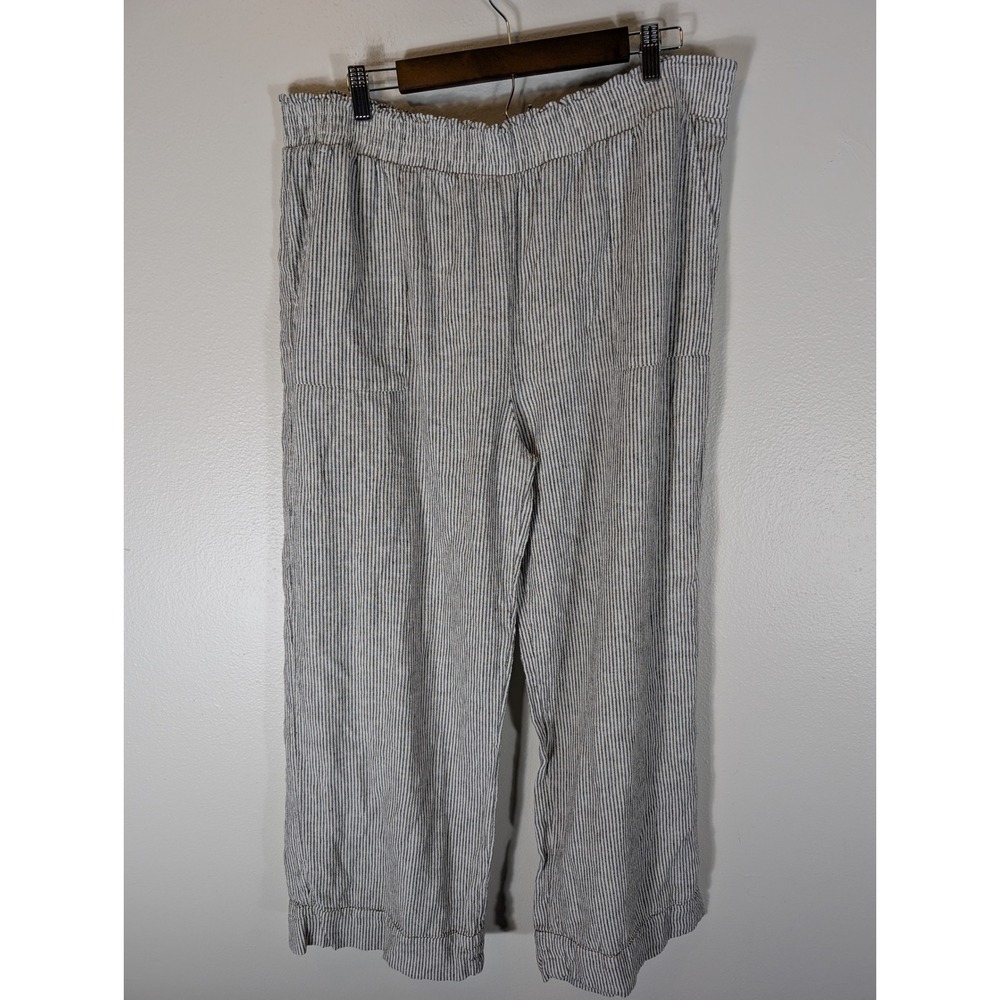 Time & Tru Womens XL Linen Blend Striped Wide Leg Crop Pants Black White
